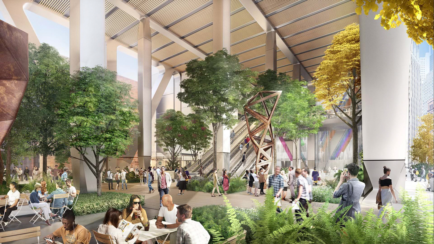 Oceanwide Center public plaza with seating, trees and sculptures, design rendering by Foster and Partners