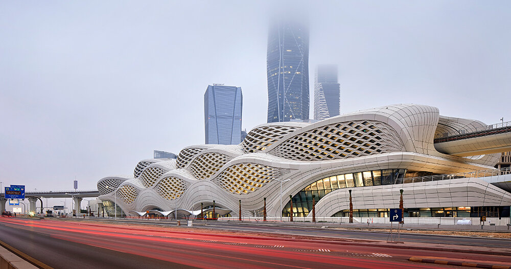 The Zaha Hadid Architects subway station opens in Riyadh with a wave-shaped grid facade