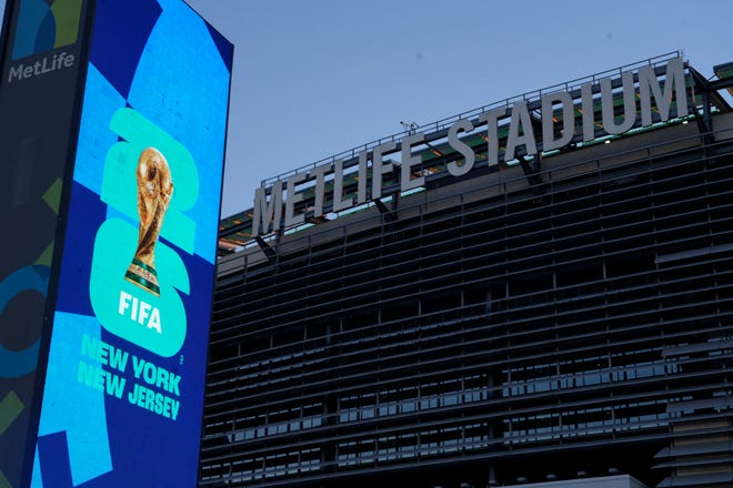 Signs promoting the FIFA World Cup final, taking place on Wednesday, February 7, 2024, at MetLife Stadium in East Rutherford, NJ. The World Cup takes place every four years and the 2026 World Cup final will be played at MetLife Stadium.