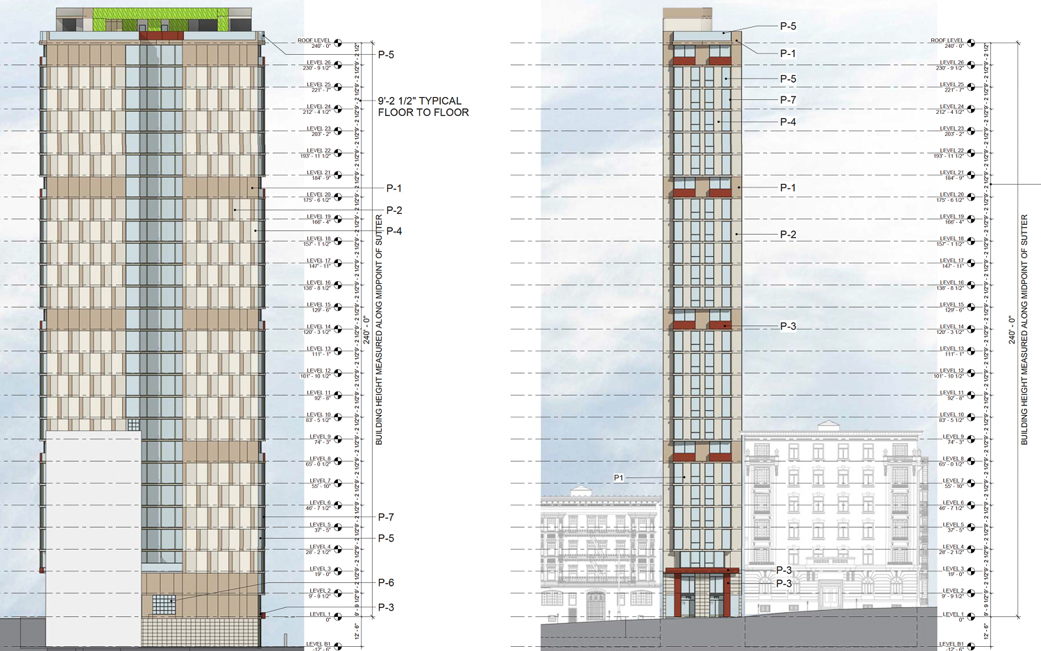 North and west elevations of 777 Sutter Street, illustration by FORMA