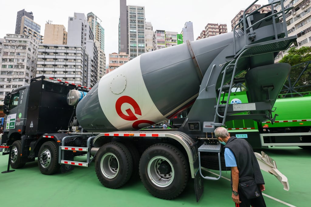 A rechargeable concrete truck is on display during a showcase of cutting-edge technology in mainland China in Hong Kong. Photo: Dickson Lee