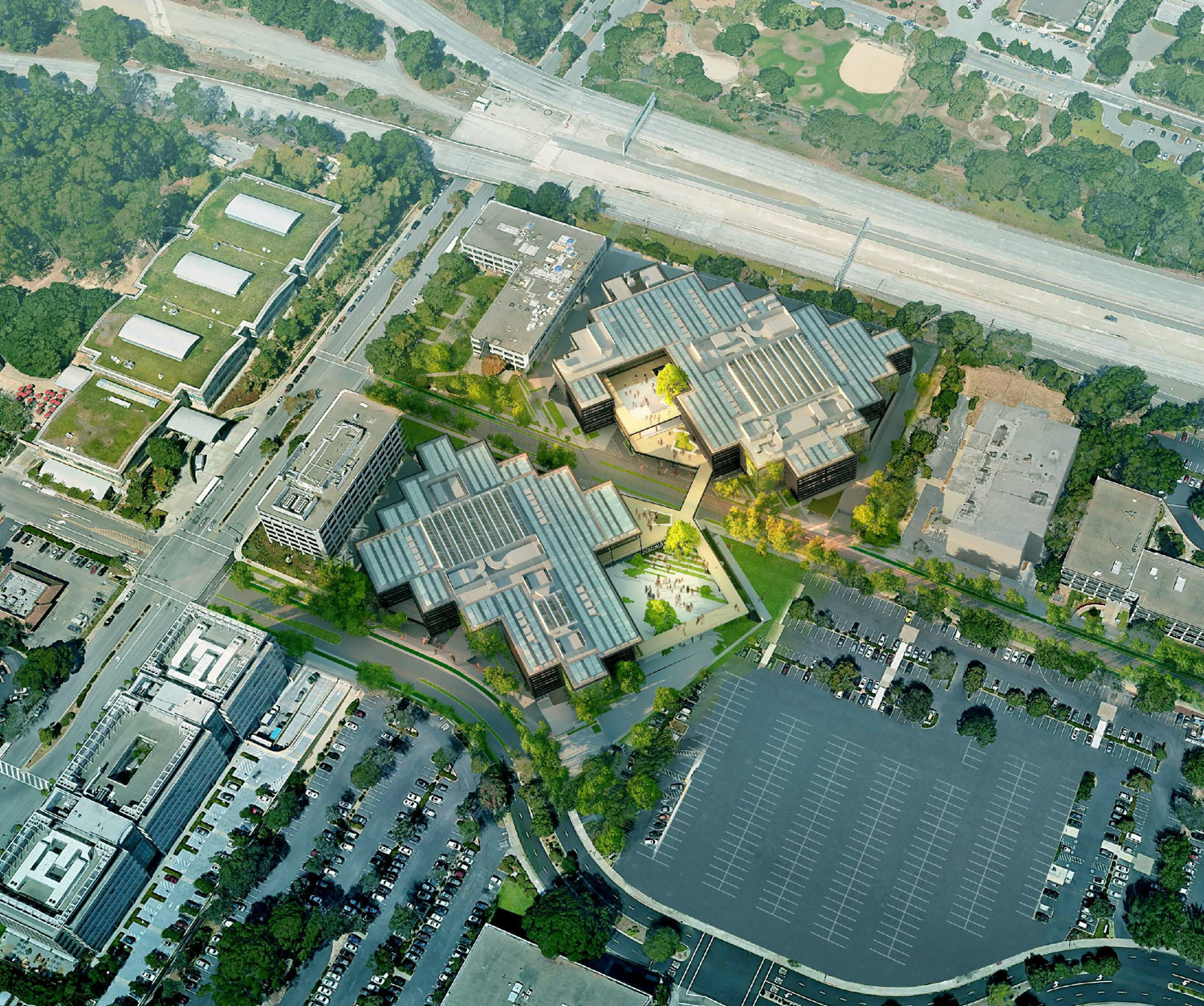 Aerial view of YouTube HQ extension, design by SHoP Architects