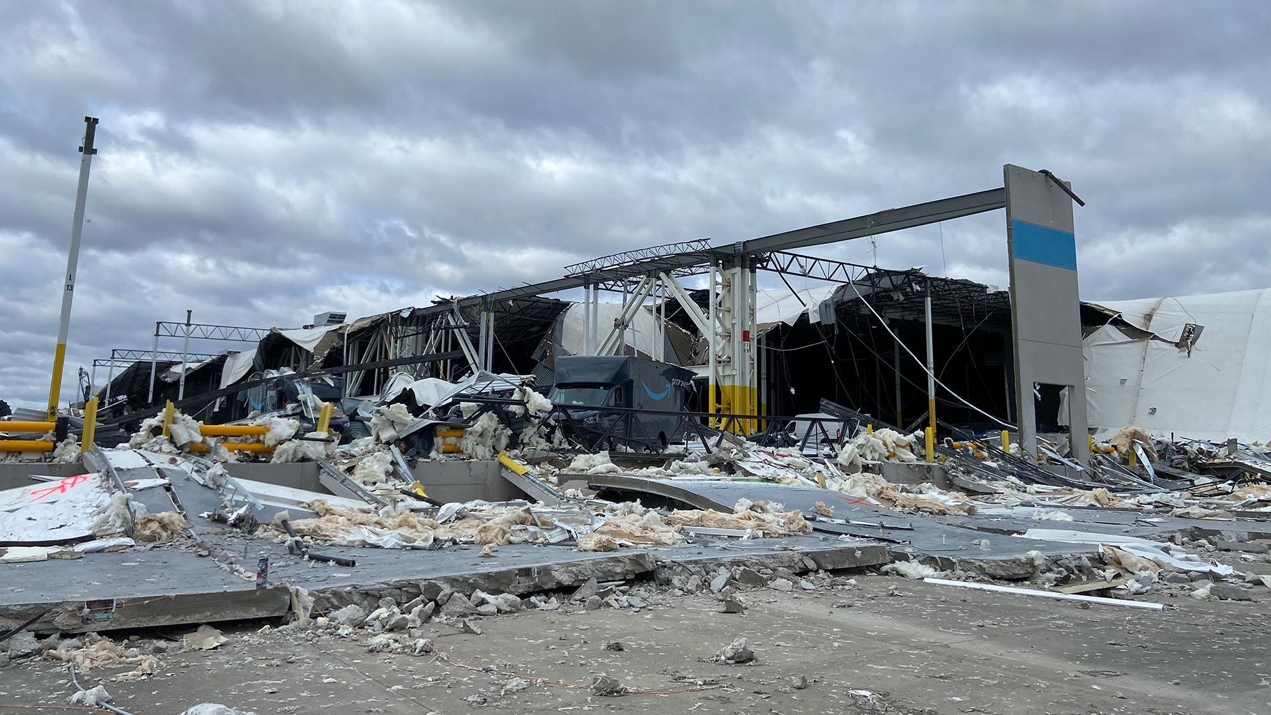 A survey photo shows damage to an Amazon warehouse in Edwardsville following an EF3 tornado on December 10, 2021. (Photo provided by the National Weather Service)