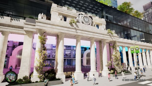 A rendering of an above-ground, neoclassical plan for a newly designed Penn station, part of the Grand Penn Plan.