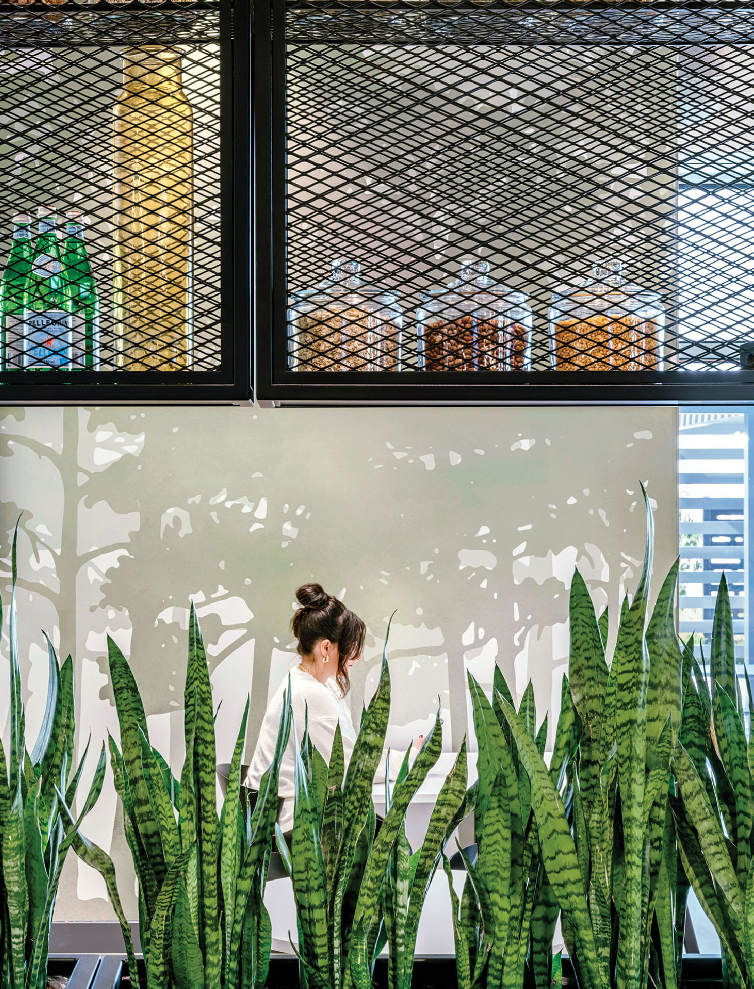 A woman sitting in front of a plant