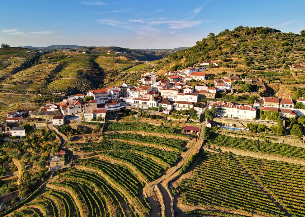 Astonishing view of Douro wine mountains and small village, Portugal