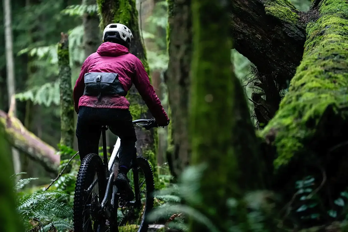 A female driver who carries the high 3D -3D -hip package while driving through the forest.