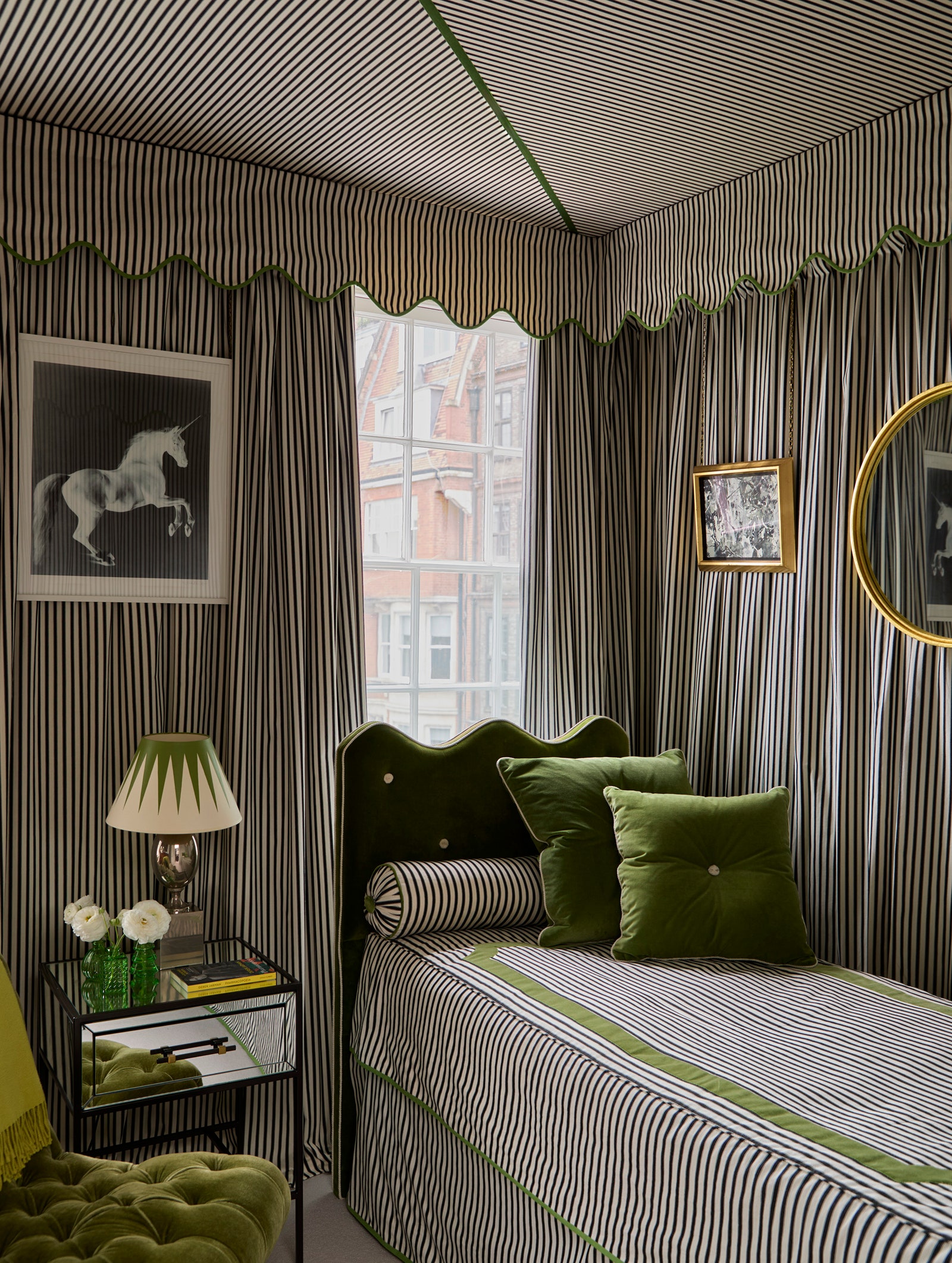 Image can include interior interior design living furnishings pillow bed furniture bedroom room animal and horse