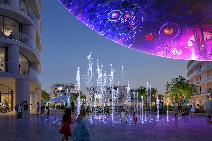 Khalid bin Sultan City Vae Walkable Sustainable city green flame urban oasis indigenous plants night fountain