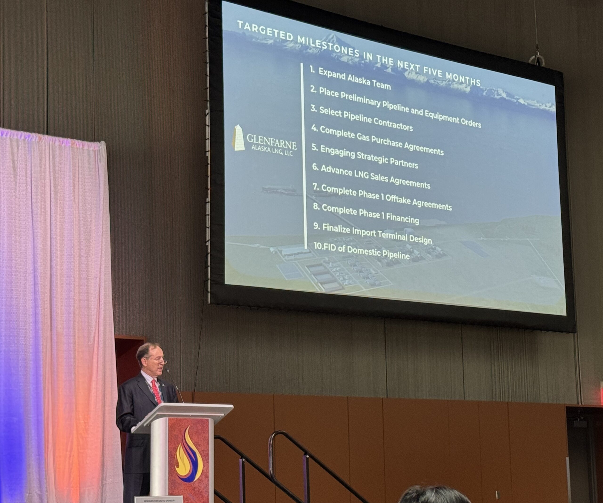 Rex Cannon, Co-President of 8 Star Alaska LLC, presents the company's expected milestones in the Trans-Alaska Natural Gas Pipeline Project on Thursday, August 28, 2025. (Photo by James Brooks/Alaska Beacon)