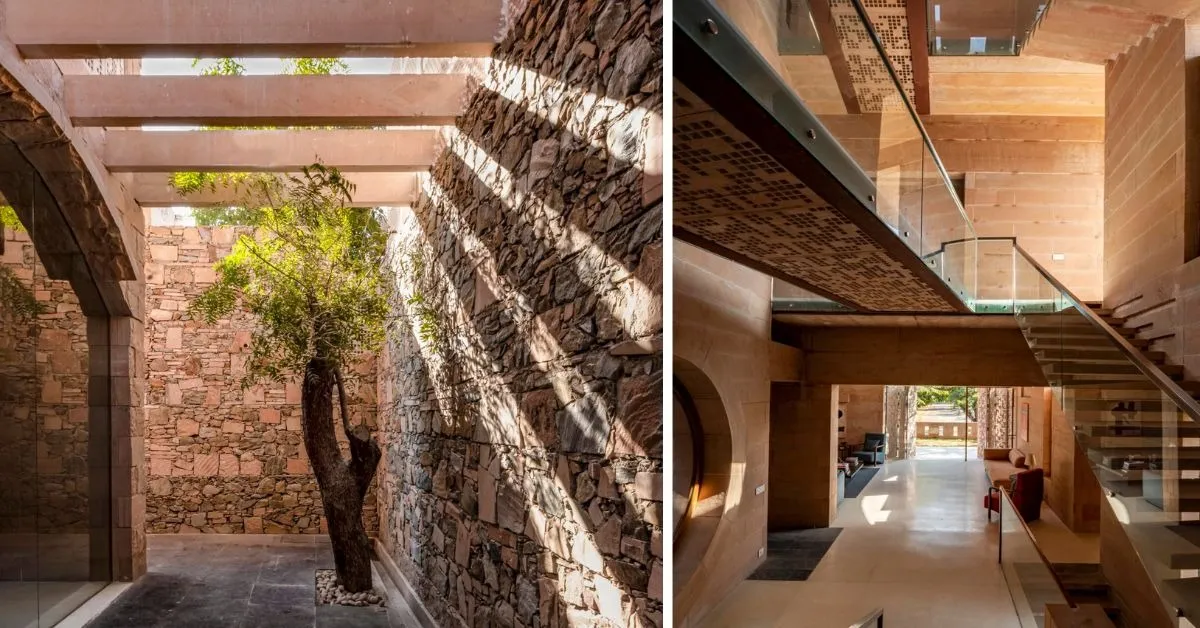 The house in question creates the conventional use of sandstone and restores its role as primary structural material