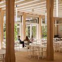 Hortus Allschwil / Herzog & de Meuron - interior photography, dining room, wood, table, chair, glass, column