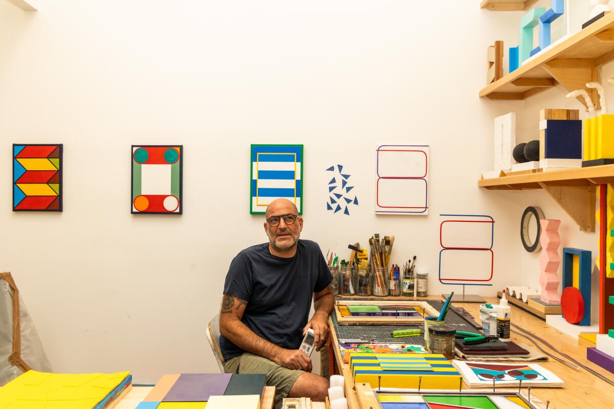 Los Angeles, CA – August 21: Antonio Adriano Puleo sits in his art studio ADU at his home in Glassell Park on Thursday, August 21, 2025 in Los Angeles, CA. (Juliana Yamada/Los Angeles Times)