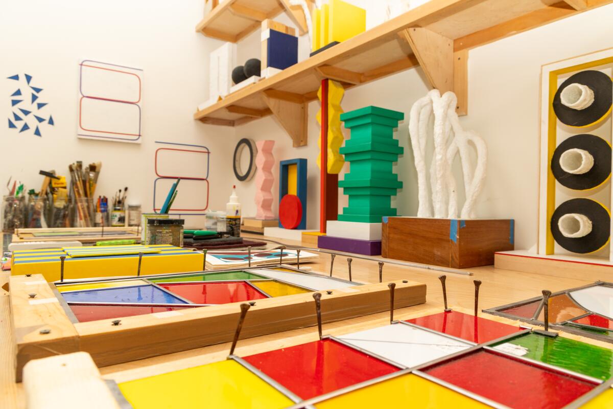 Los Angeles, CA – August 21: Stained glass pieces in Antonio Adriano Puleo's ADU at his home in Glassell Park on Thursday, August 21, 2025 in Los Angeles, CA. (Juliana Yamada/Los Angeles Times)