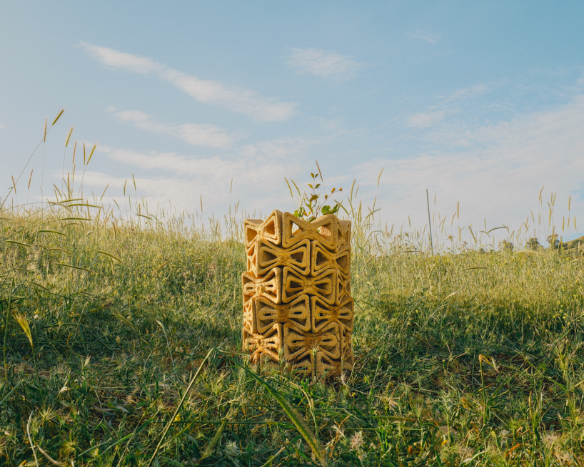 3D printed interlocking bricks form an earthen microclimate shelter for tree seedlings