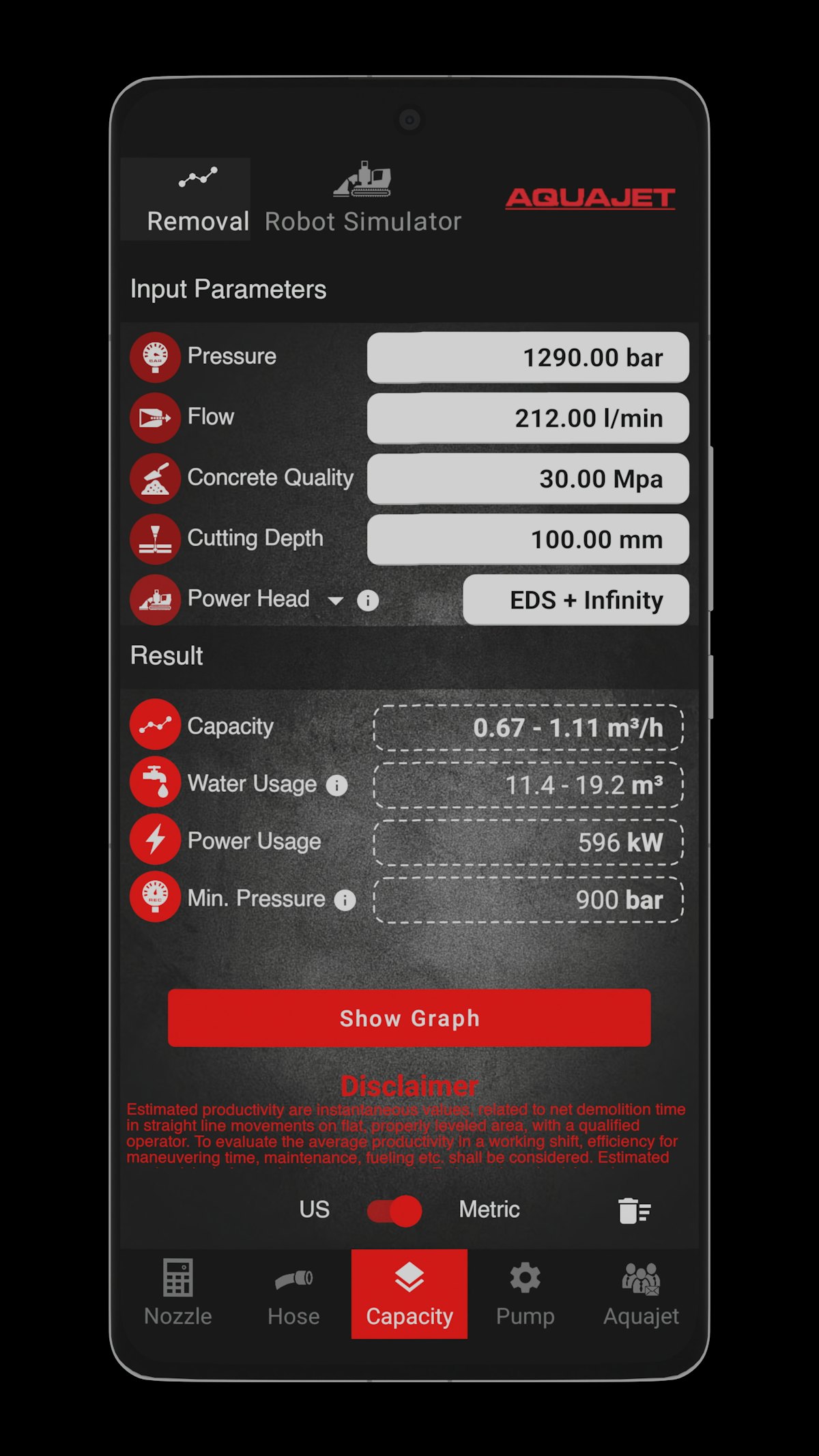 Aquajet starts the computer 3.0 app for the hydrodemolition planning of: Aquajet