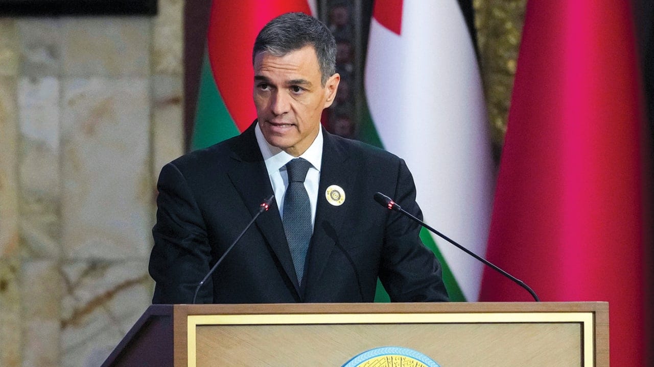 Spanish Prime Minister Pedro Sanchez speaks at the 34th Arab League Summit in Baghdad, Iraq, in May 2025.      Spanish Prime Minister Pedro Sanchez speaks at the 34th Arab League Summit in Baghdad, Iraq, in May 2025.