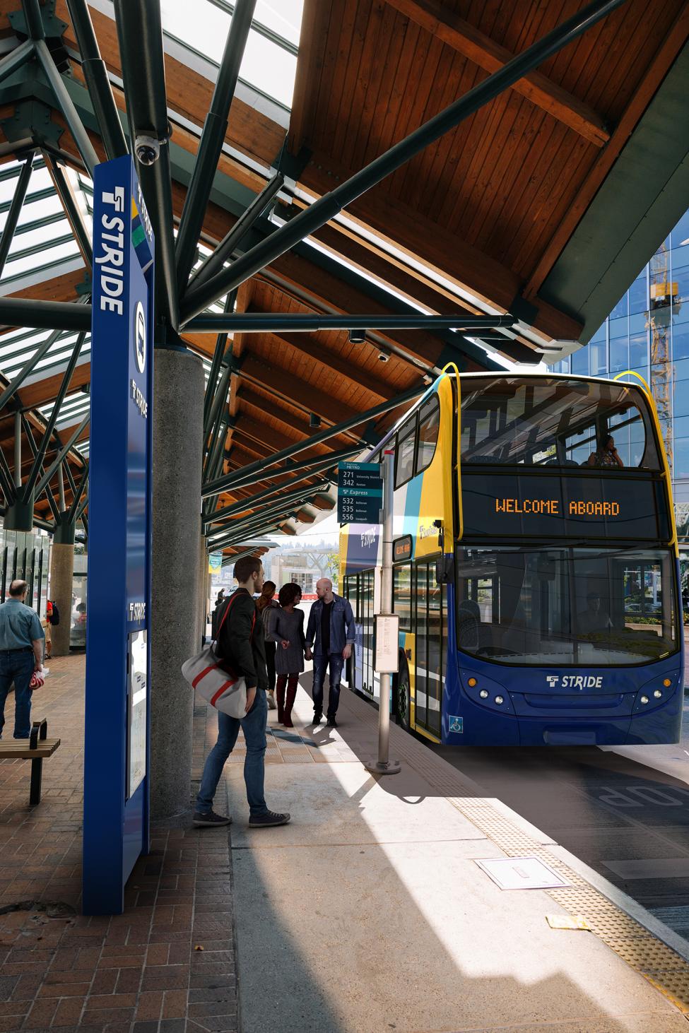 A depiction of people waiting at a bus stop for an approaching double-decker Stride bus