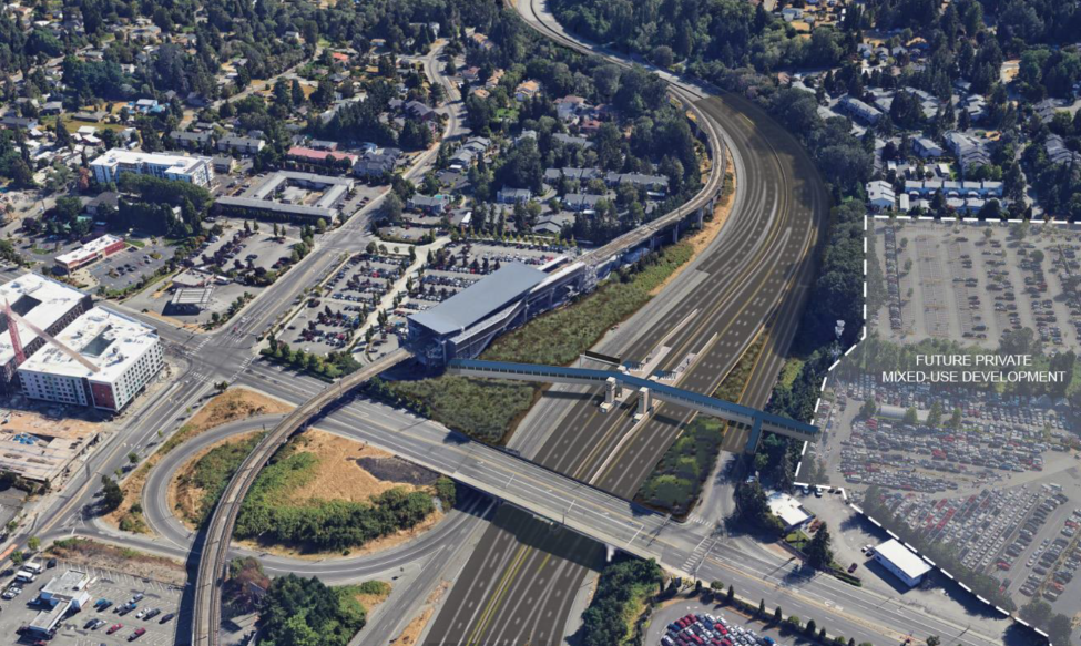 An aerial view of a highway with a new train station on the left and a future private mixed-use project on the right