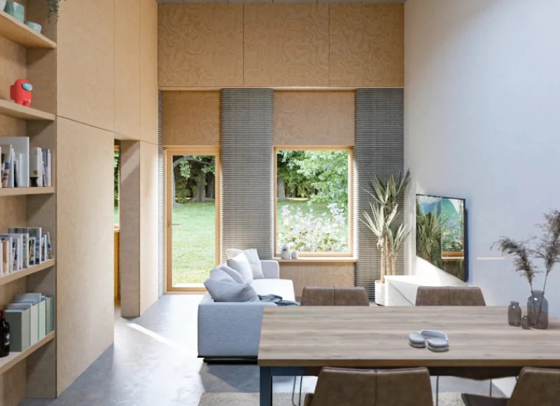 Rendered interior views of the 3D printed student apartments in Skovsporet, showing printed concrete walls combined with plywood surfaces designed by SAGA Architects.