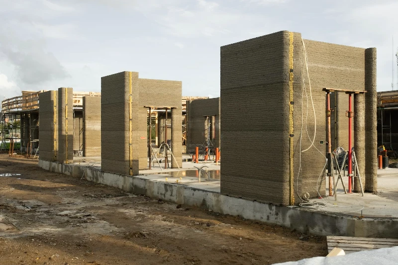 3D printed wall sections during the early construction phase at Skovsporet.